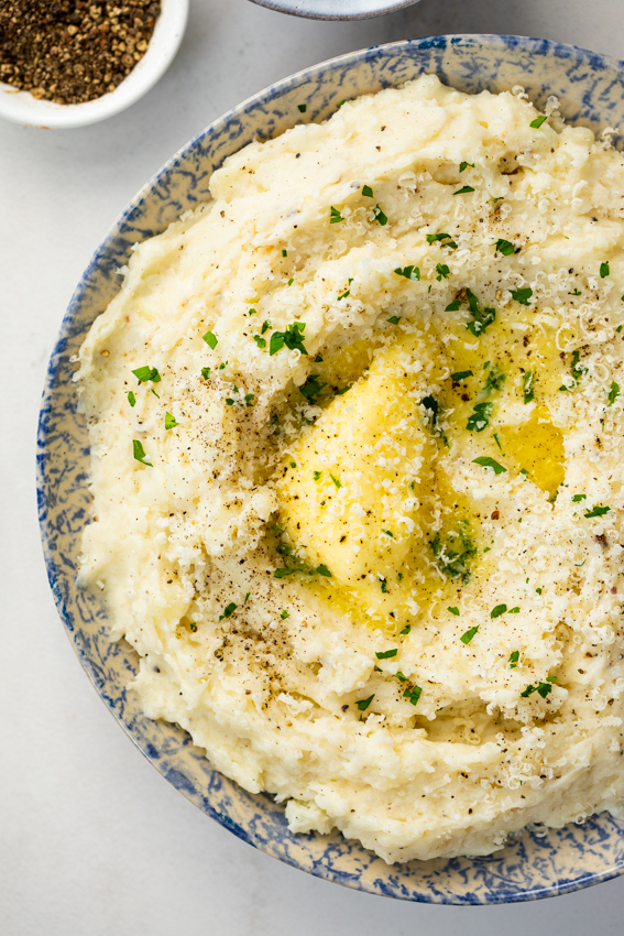 Creamy mashed potatoes with Parmesan cheese and pepper.