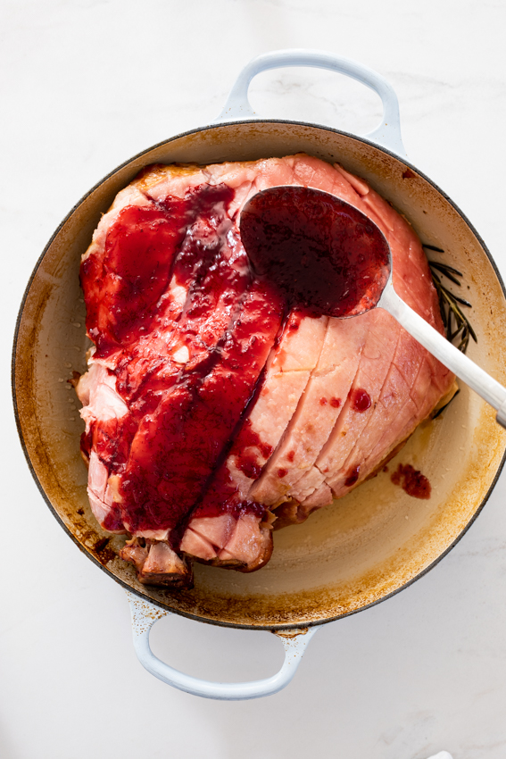 Ham with sticky cherry glaze.