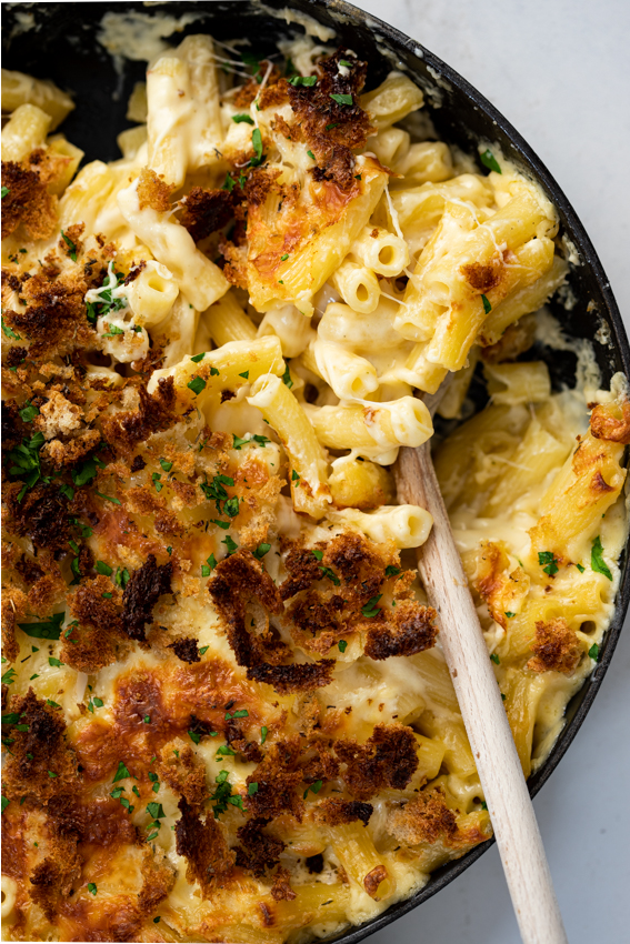 Four cheese baked mac and cheese with thyme breadcrumbs