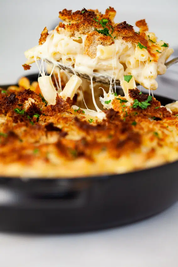 Four cheese baked mac and cheese with thyme breadcrumbs
