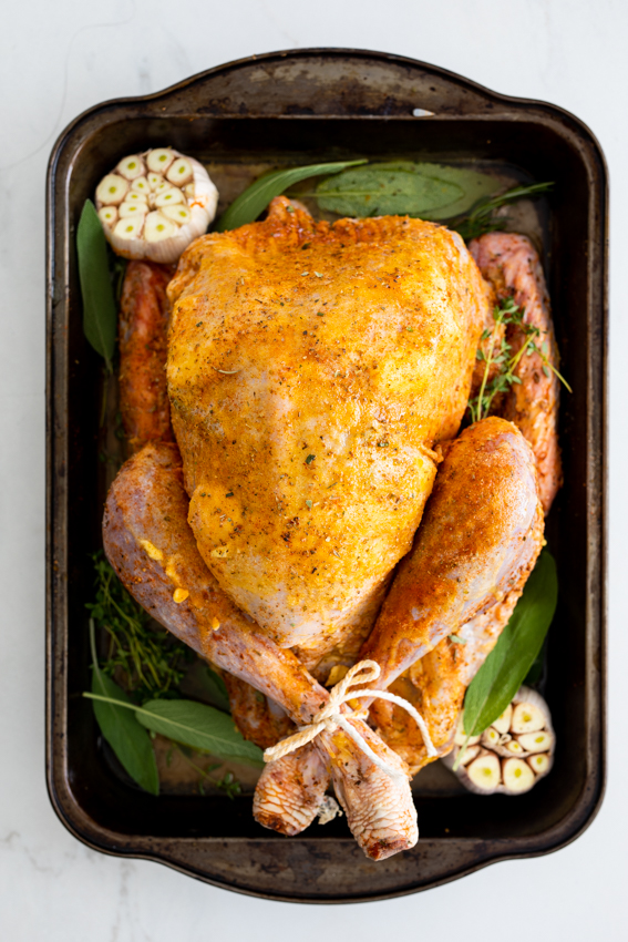 Turkey seasoned with herbs and butter.