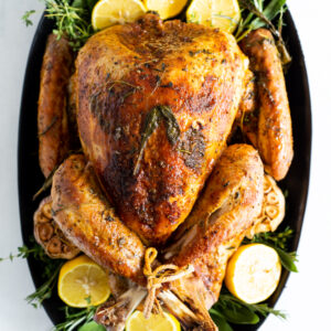 Juicy roast turkey flavored with garlic and herbs.