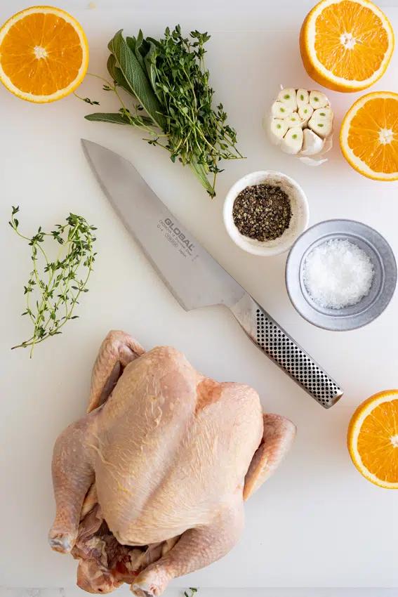 Christmas chicken flavored with orange, sage, thyme and garlic.