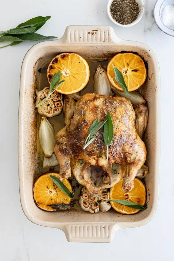Roast chicken flavored with orange, sage and garlic.