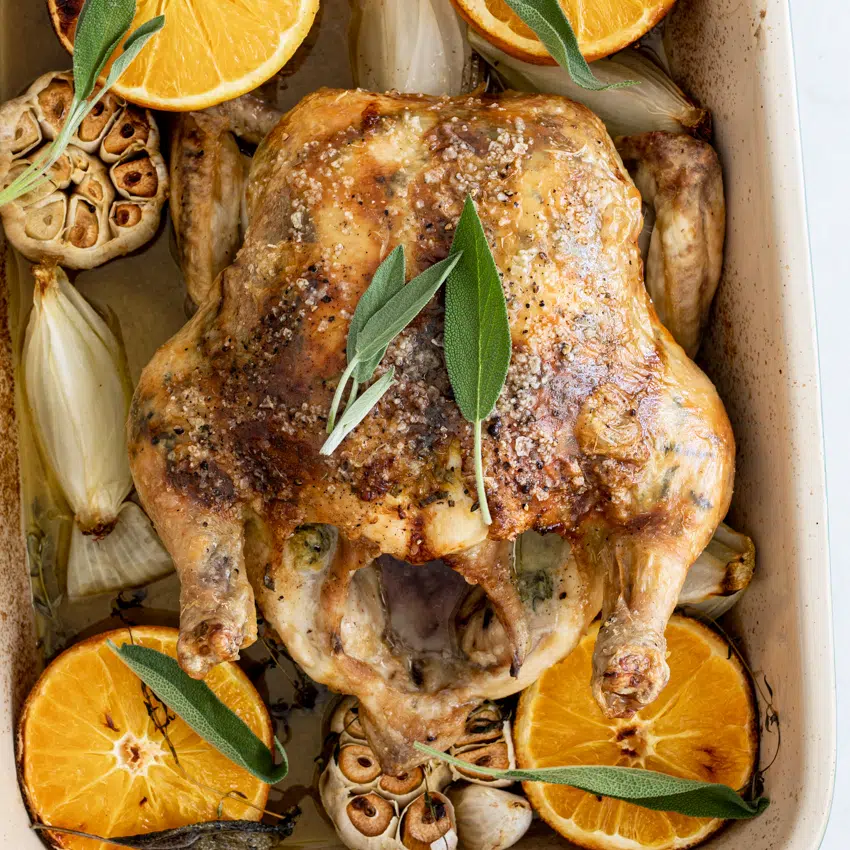 Roast chicken flavored with orange, sage and garlic.