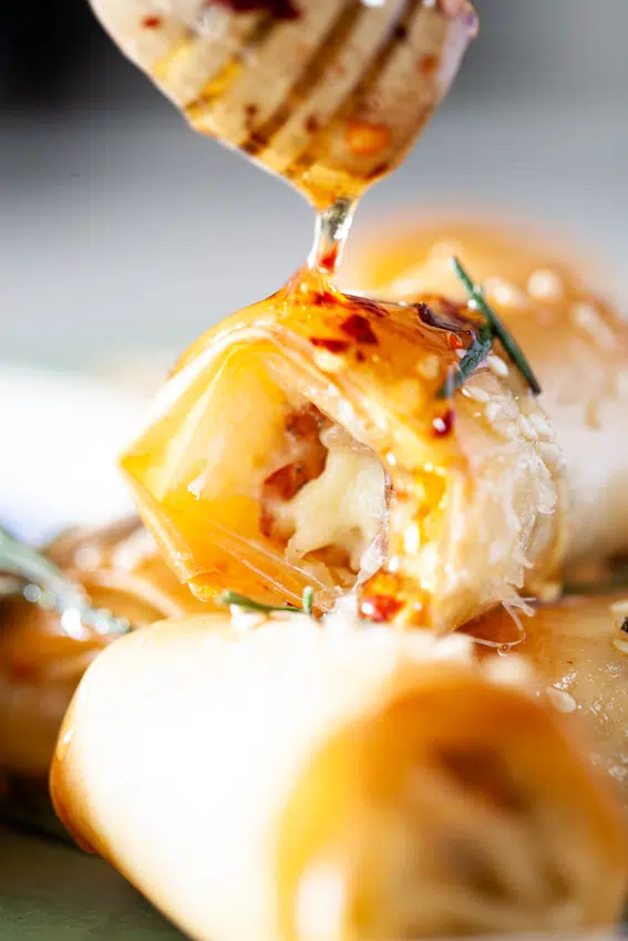 Airfryer Brie Prosciutto Phyllo Rolls with chilli honey