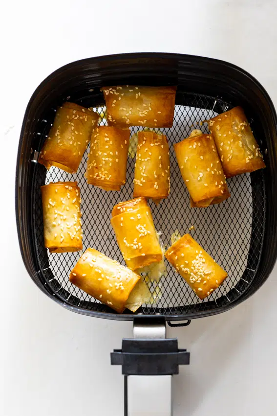 Phyllo rolls cooked in the airfryer.
