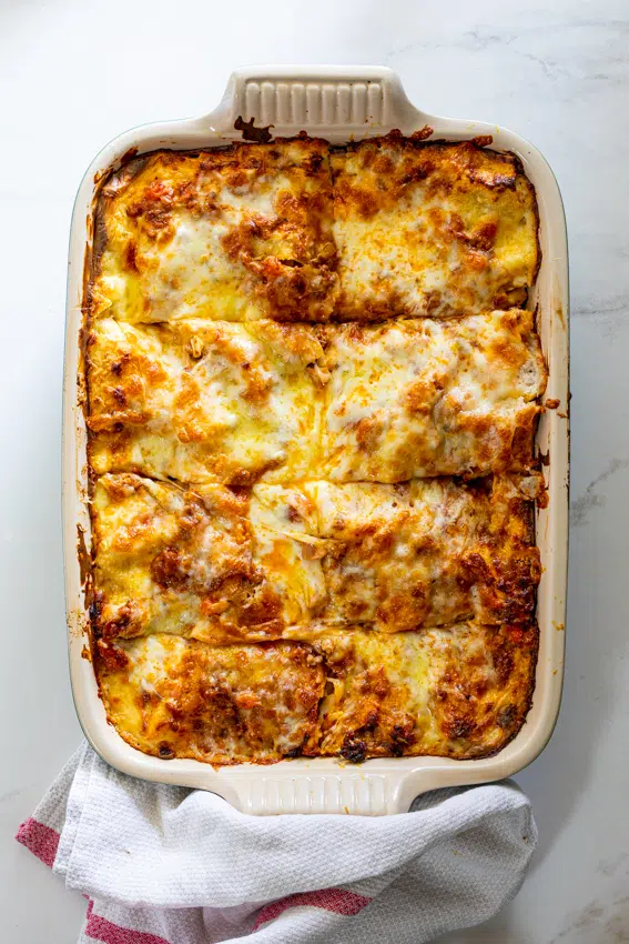 Homemade lasagna with from-scratch Bechamel sauce and Bolognese.