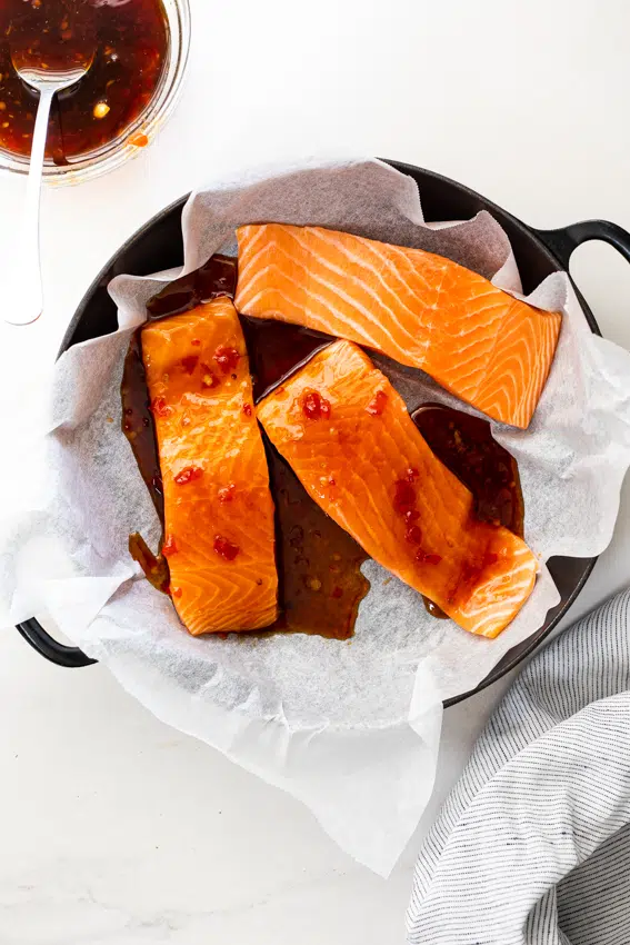 Salmon with sweet chilli glaze.