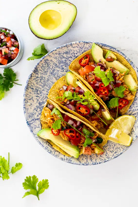 Instant Pot chicken tacos with Pico de Gallo and avocado