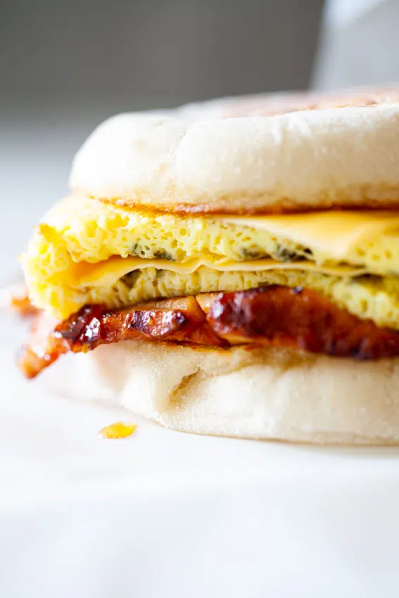 Leftover ham, egg and cheese breakfast sandwich.