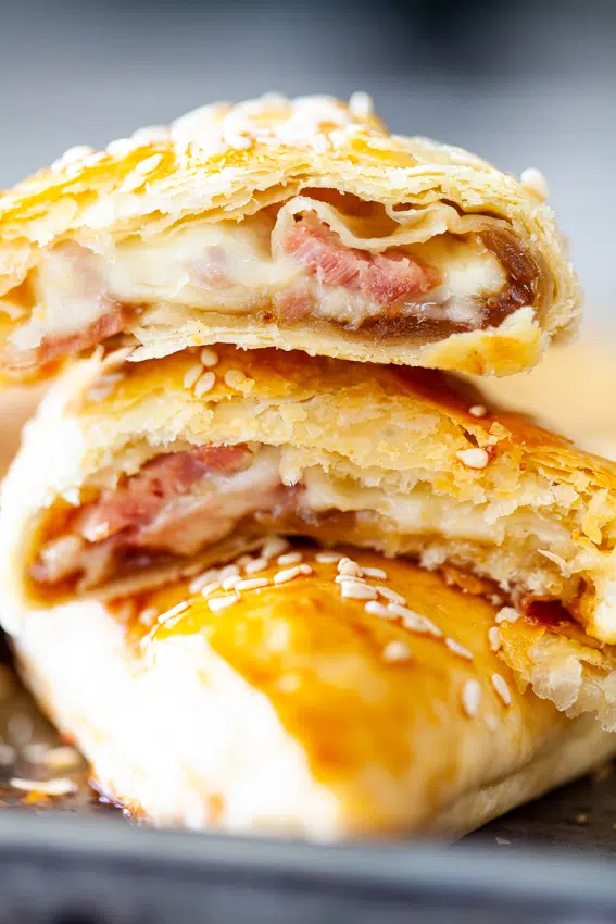 Cheese and leftover ham puff pastry pies.