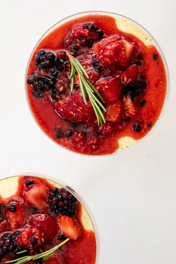 Soft and creamy white chocolate panna cotta with berries.