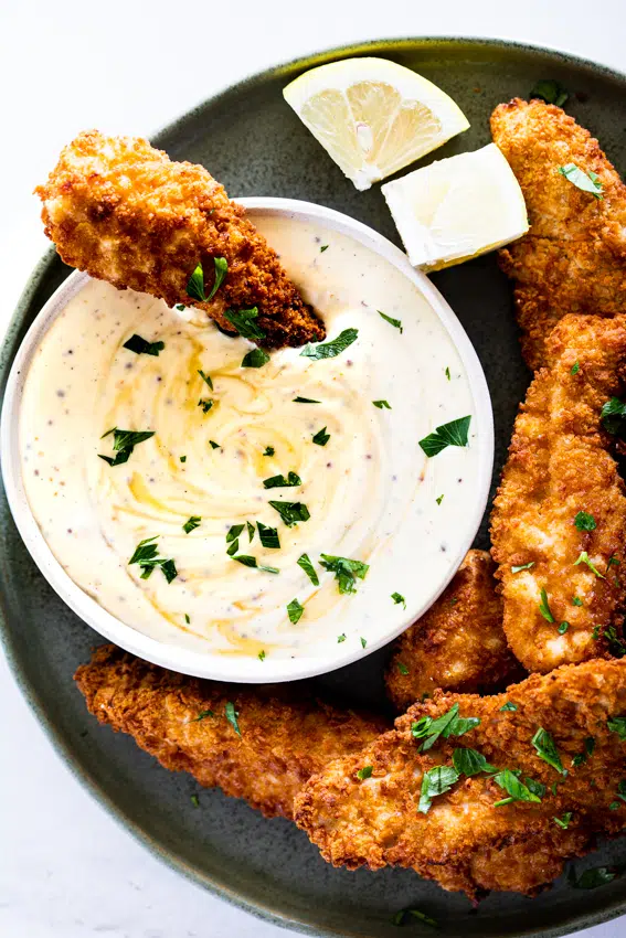 Easy honey mustard sauce with crispy chicken strips