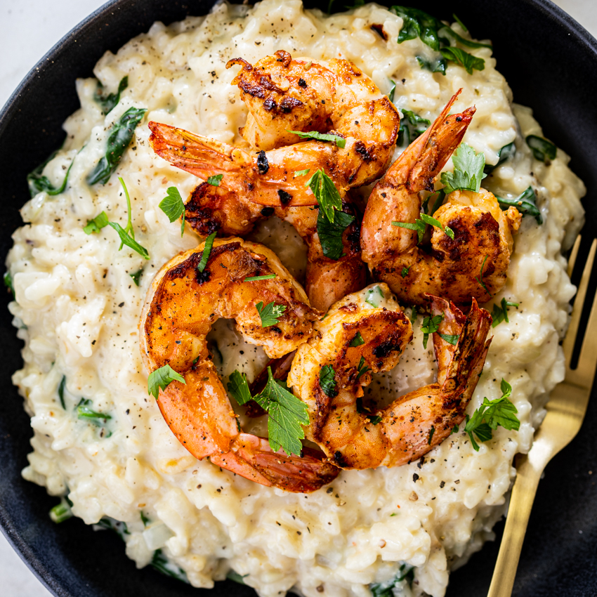 Spinach Parmesan Risotto with Spicy Shrimp