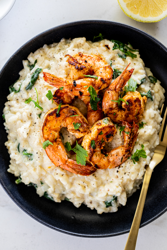 Spinach Parmesan Risotto with Spicy Shrimp