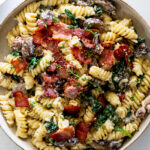 Easy Baked Feta Pasta with bacon and mushrooms