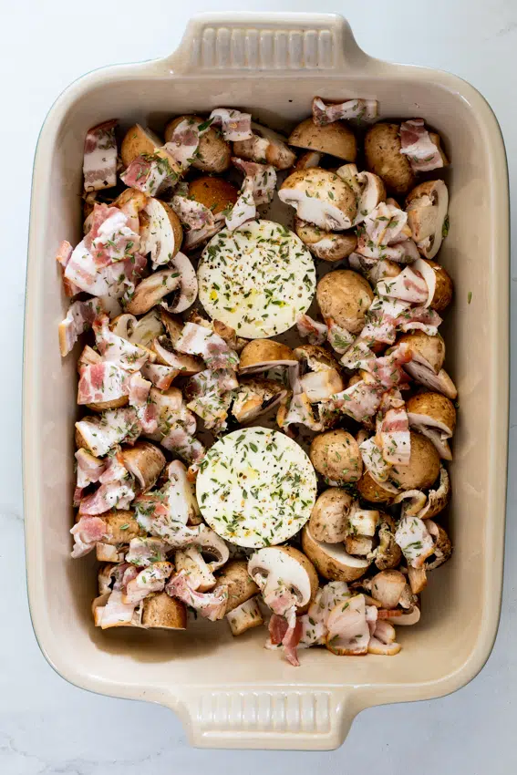 Baked feta with mushrooms and bacon