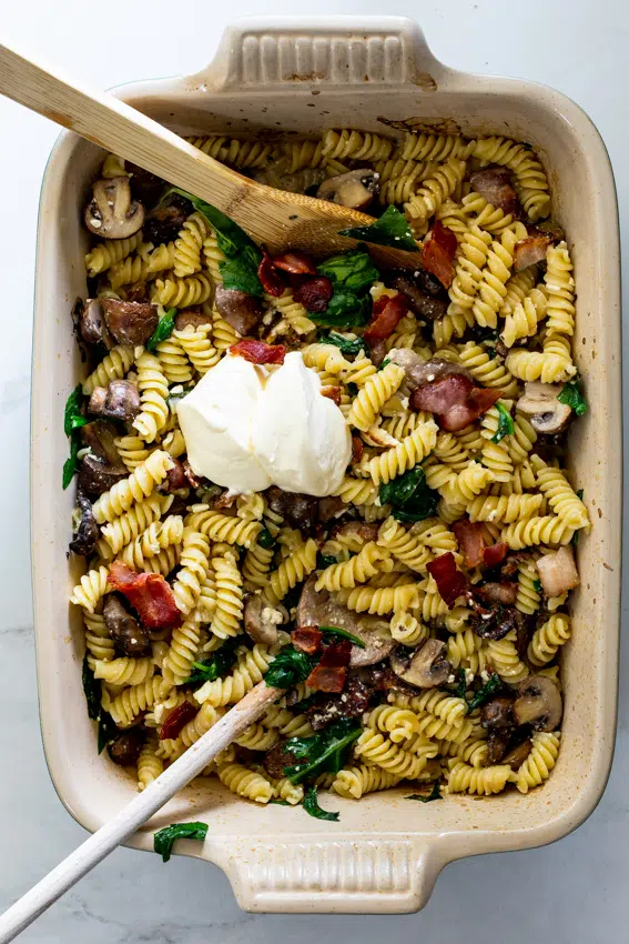 Easy Baked Feta Pasta with bacon and mushrooms