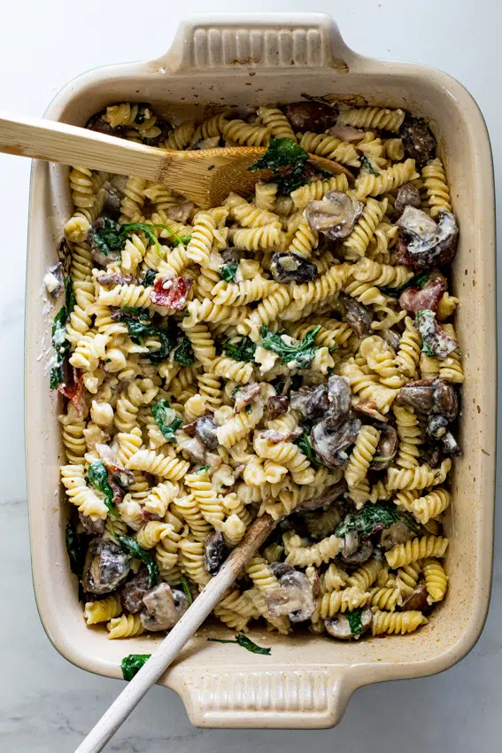 Easy Baked Feta Pasta with bacon and mushrooms