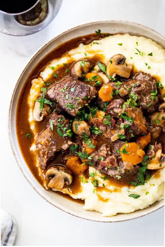 Instant Pot Boeuf Bourguignon with creamy mashed potatoes