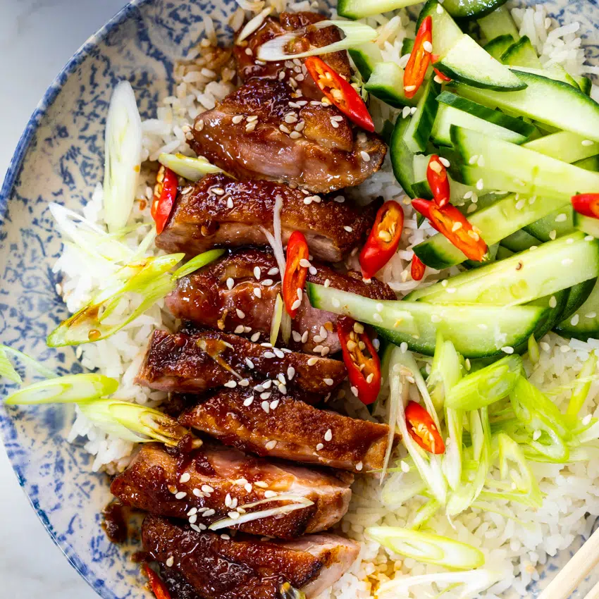 Seared duck breasts with soy honey pan sauce