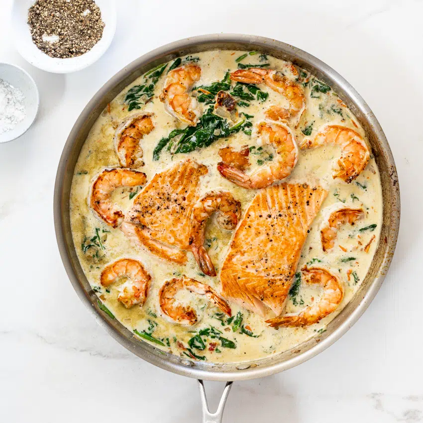 Creamy Tuscan salmon shrimp pasta