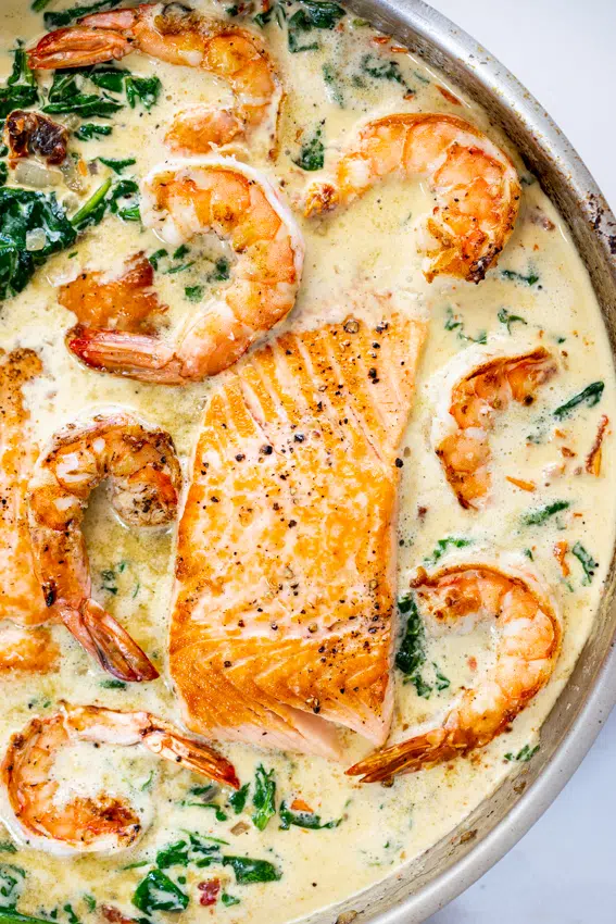 Creamy Tuscan salmon shrimp sauce for pasta