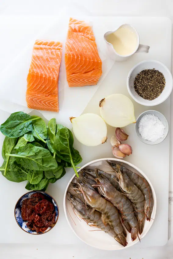 Creamy Tuscan salmon shrimp pasta ingredients