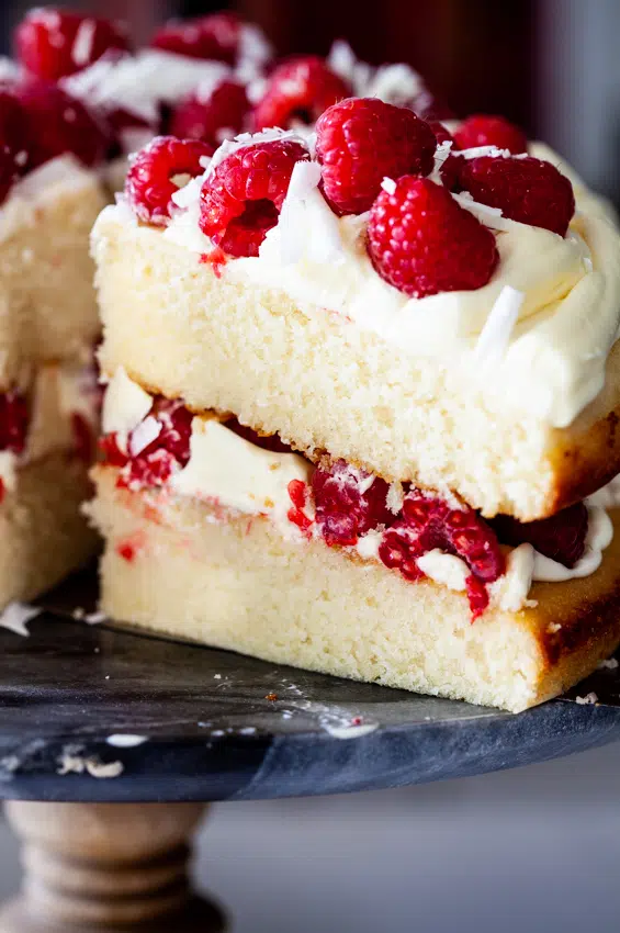 Light and fluffy white chocolate raspberry cake.