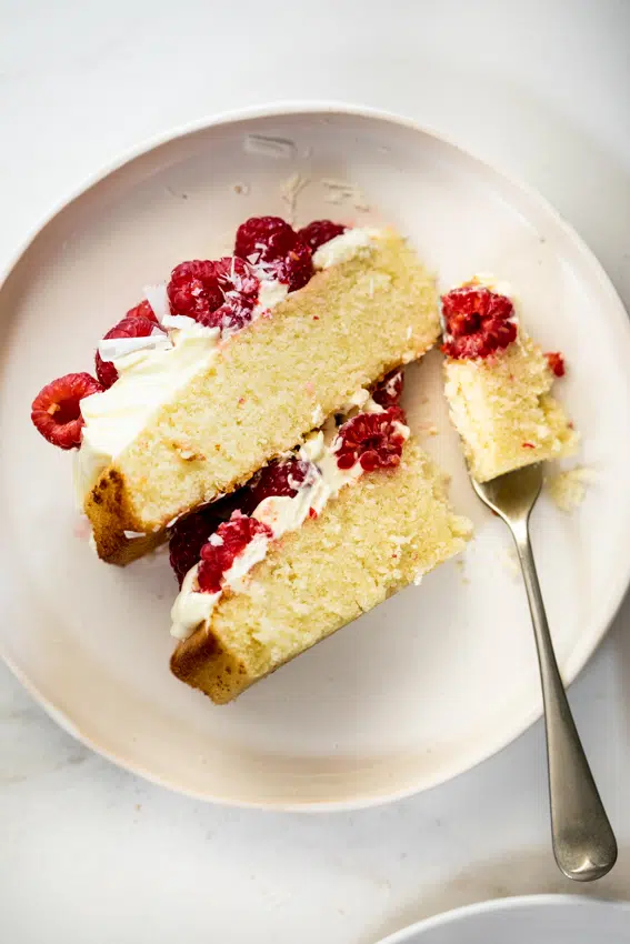 Light and fluffy white chocolate raspberry cake.