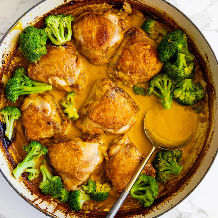 Coconut Curry Chicken Thighs in pan.
