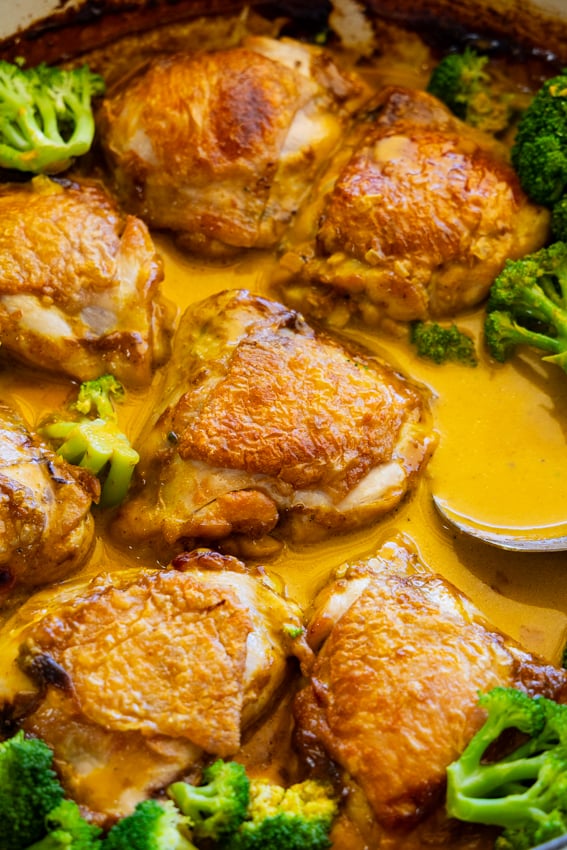 Crispy chicken thighs in coconut curry sauce.