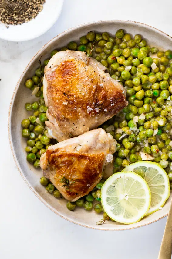 Crispy Chicken Thighs with Lemony Creamed Peas