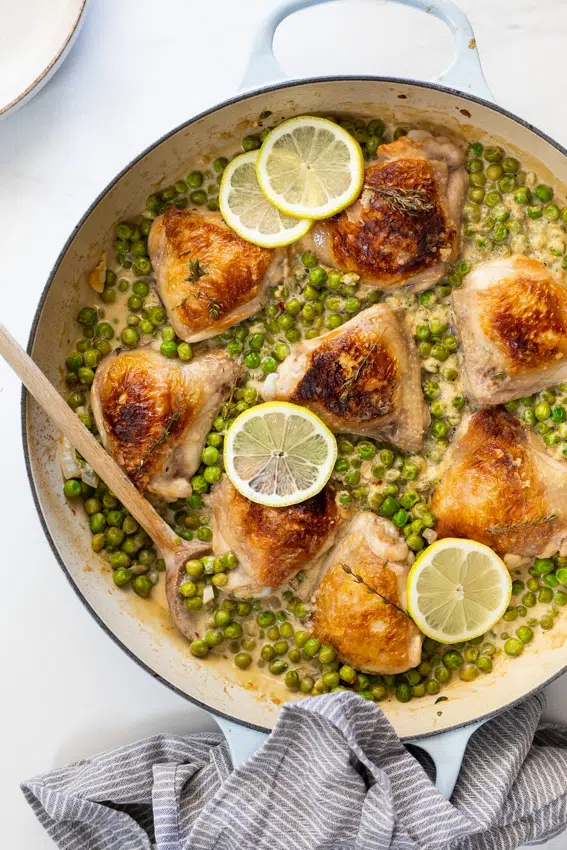 Crispy Chicken Thighs with Lemony Creamed Peas
