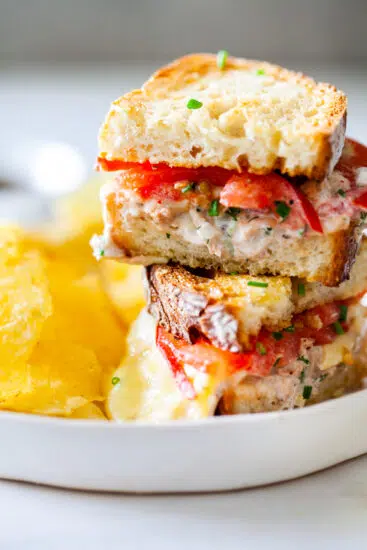 Easy tuna melt with ripe tomatoes and cheddar.