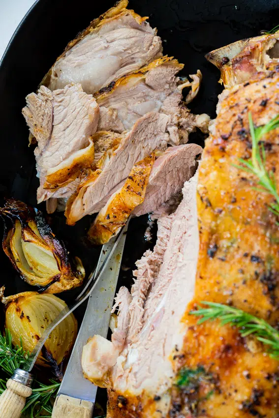 Juicy lamb roasted with garlic and rosemary