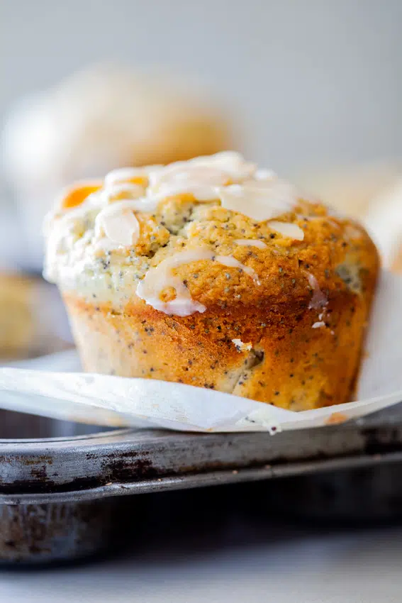 Easy Almond Lemon Poppy Seed Muffins with lemon glaze.