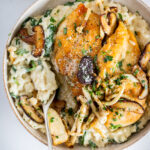 Crispy chicken and mushrooms with Parmesan risotto