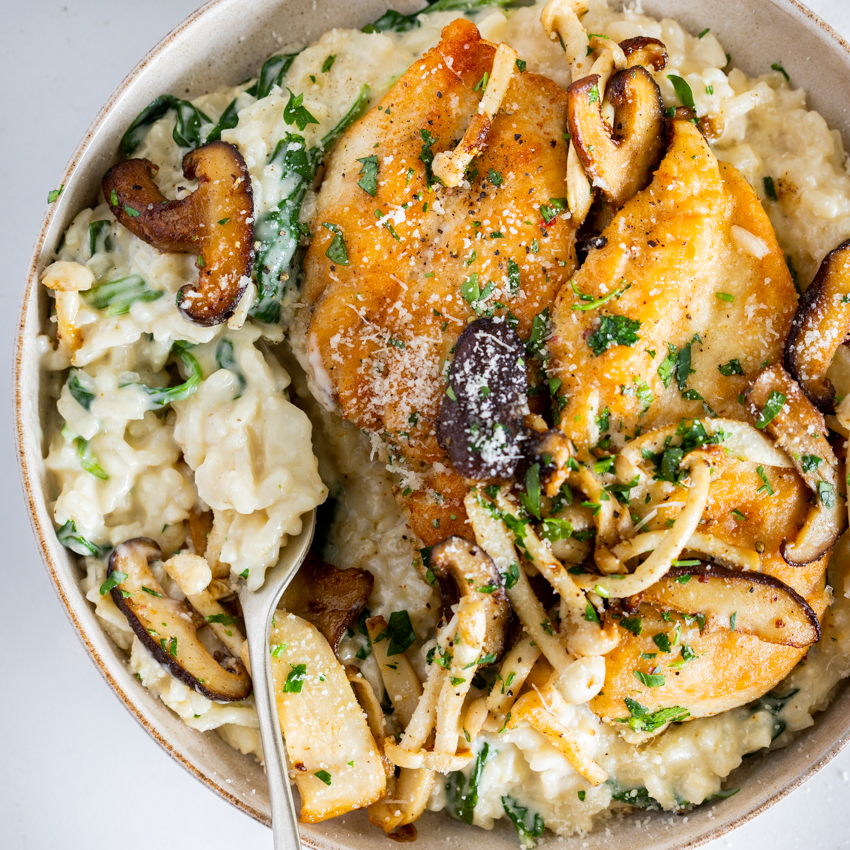 Crispy Chicken And Mushrooms With Parmesan Risotto Simply Delicious 