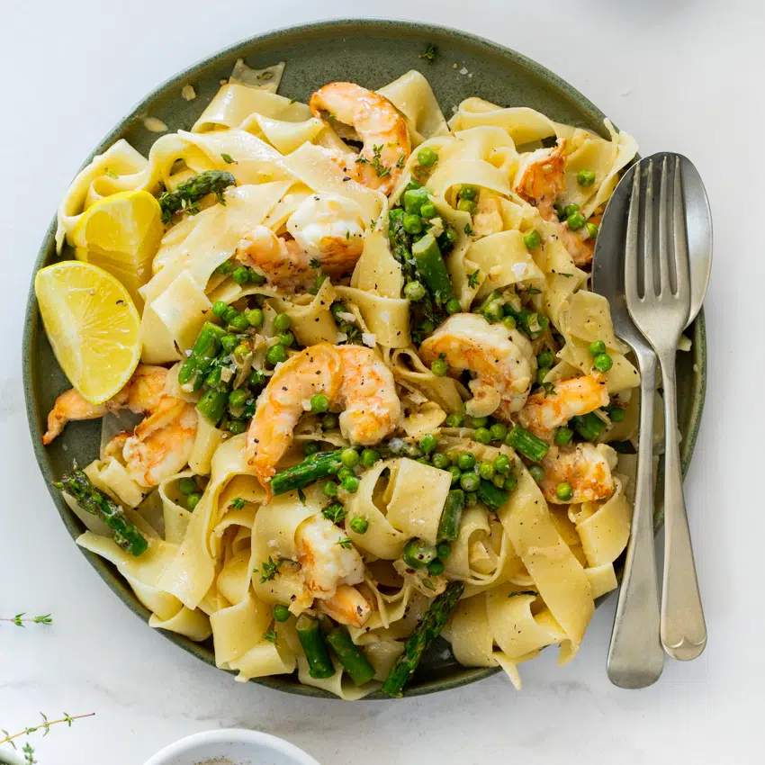 Creamy Lemon Shrimp Pasta with Spring Vegetables