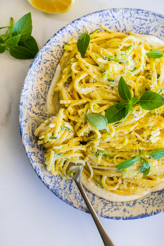 20 minute Lemon Zucchini Pasta with Whipped Goat's cheese