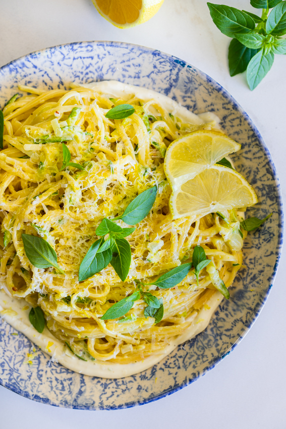 20 minute Lemon Zucchini Pasta with Whipped Goat's cheese