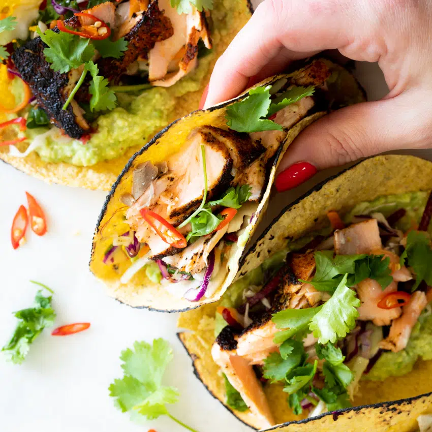 Blackened Salmon Tacos with Smashed Avocado