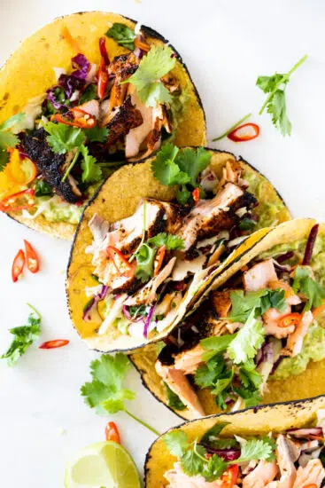 Blackened Salmon Tacos with Smashed Avocado