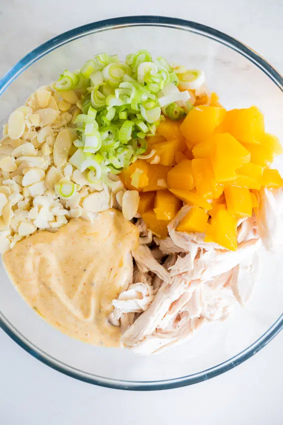 Easy creamy coronation chicken with peaches.