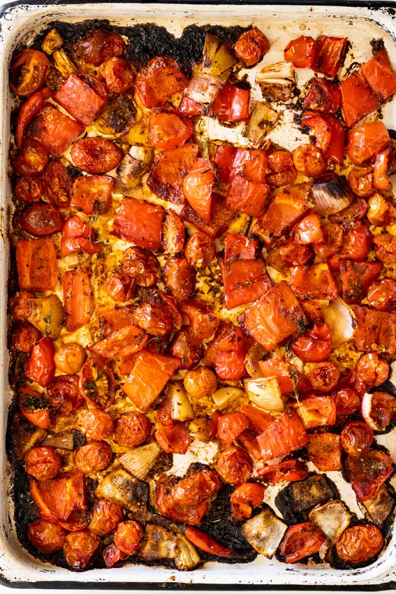 Roasted tomatoes, peppers and chillies.