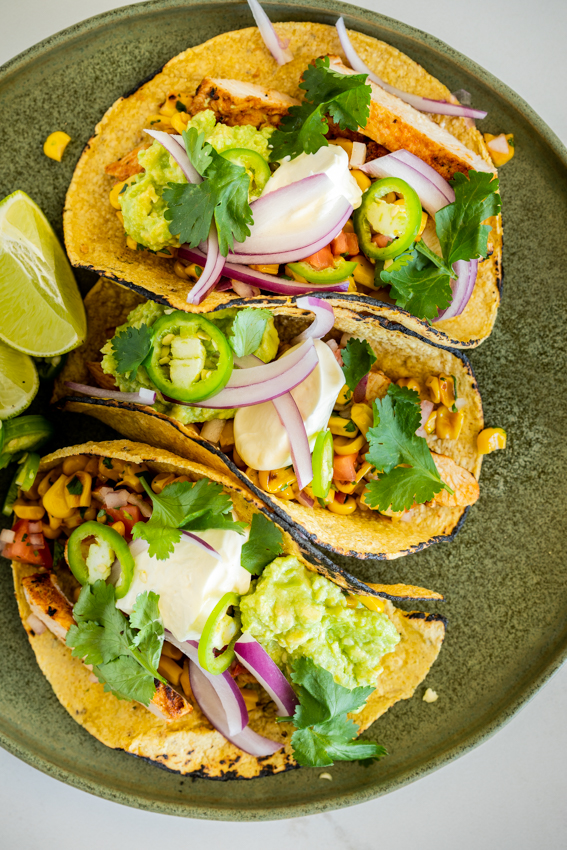 Chicken tacos with corn salsa.