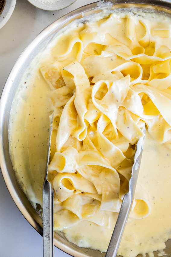 Easy Creamy Garlic Parmesan Sauce with noodles.
