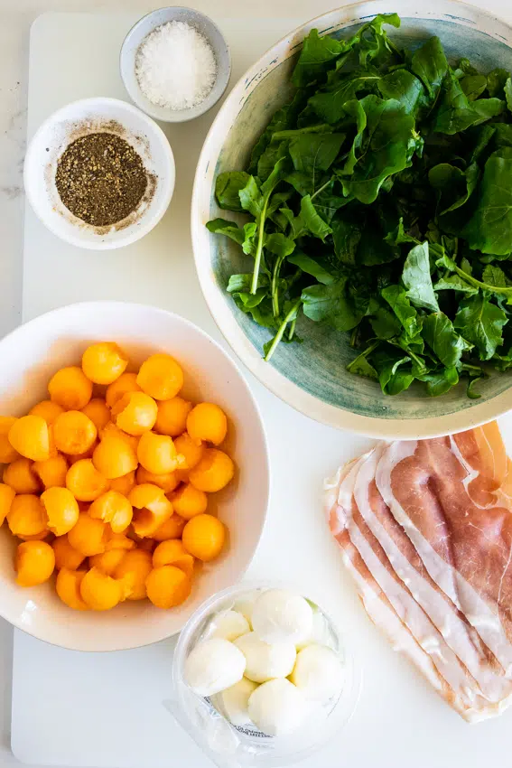 Ingredients for prosciutto melon salad.